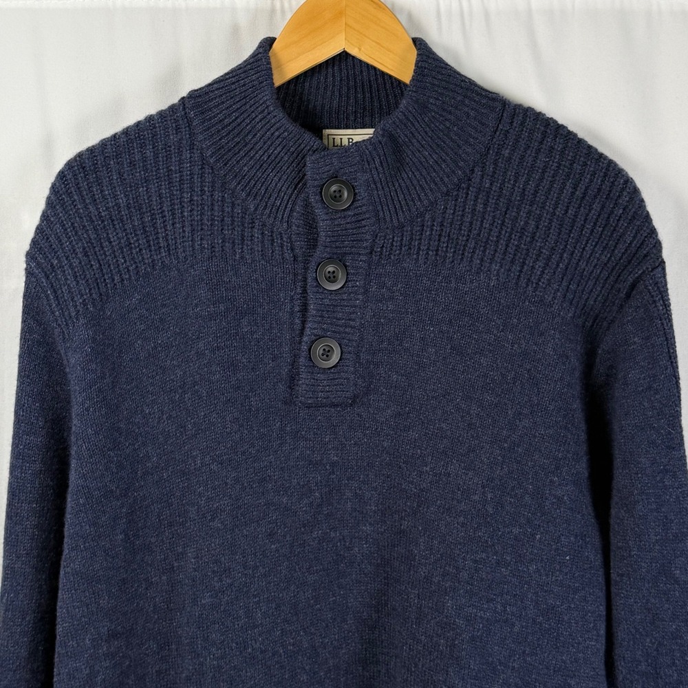 LLBean Lambswool Mock Neck Button Henley Pullover Sweater Grandpa Chunky Mens L - Picture 6 of 10
